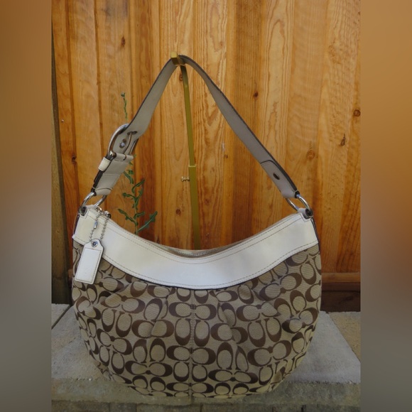 White And Brown Monogram Coach Hobo Bag - Picture 1 of 5